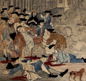 Detail of Crispus Attucks' death from "The Bloody Massacre" by Paul Revere, 1770. (Gilder Lehrman Collection)