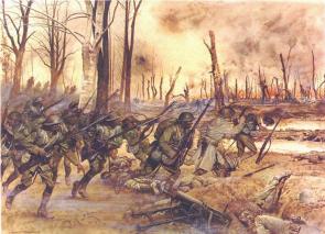 An Army artist's rendering of the 369th in action at Séchault, France, during the Meuse-Argonne Offensive, September 29, 1918. (US Army)