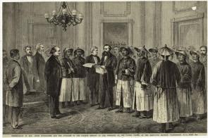 "Presentation of Hon. Anson Burlingame and the attaches of the Chinese embassy . . . June 5th," 1868. (Art and Picture Collection, The New York Public Library)