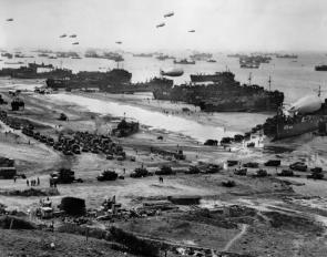 Barrage balloons float over Omaha Beach, June 7, 1944. (National Archives)