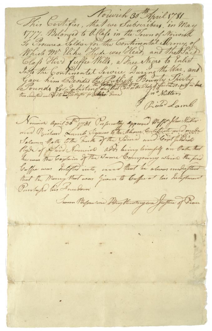 Benjamin Huntington, Certifies Cuffee Wells's purchase of freedom, April 30, 178
