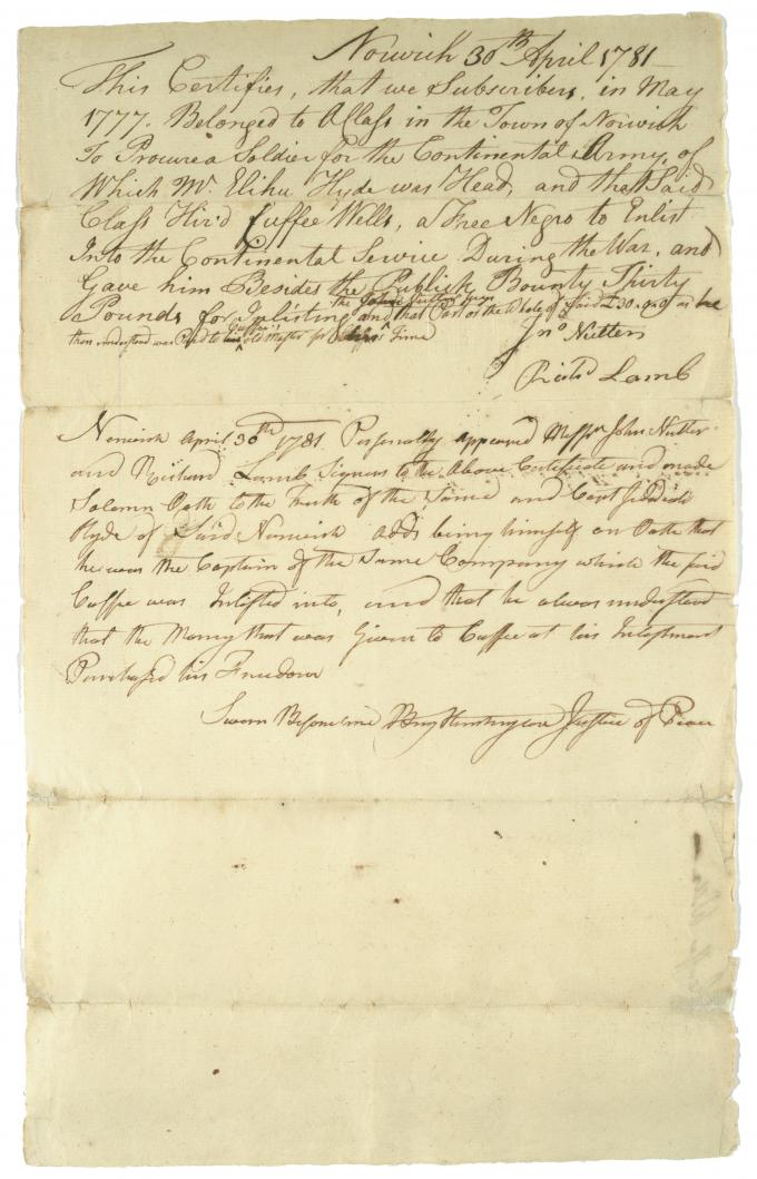 Benjamin Huntington, Certifies Cuffee Wells's purchase of freedom, April 30, 178