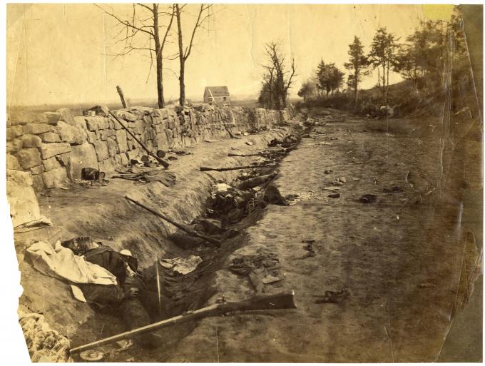 Confederate wall at Marye’s Heights, Fredericksburg, Virginia, circa 1863. (Gilder Lehrman Collection)