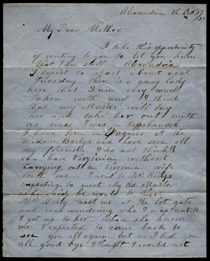 First page of a letter from an unidentified slave to his mother, October 8, 1859