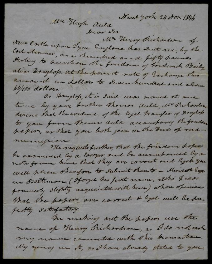 Frederick Douglass to Hugh Auld, November 24, 1846. (The Gilder Lehrman Collect