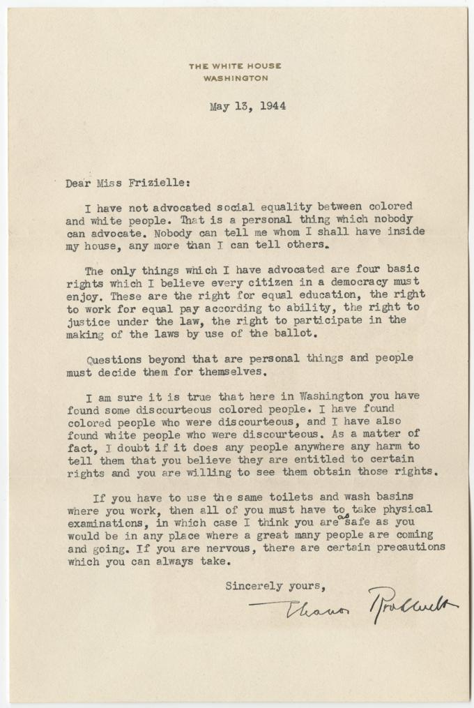 Eleanor Roosevelt to Addie Frizielle, May 13, 1944. (GLC09544)