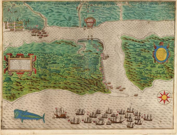 Baptista Boazio, Drake’s attack on St. Augustine, Florida, May 28–30, 1586. (Rare Books and Special Collections Division, Library of Congress, G3291.S12 s000 .B6)