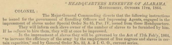 Order to conscript Alabama slaves for the Confederate Army, 1864 (GLC06158.11)