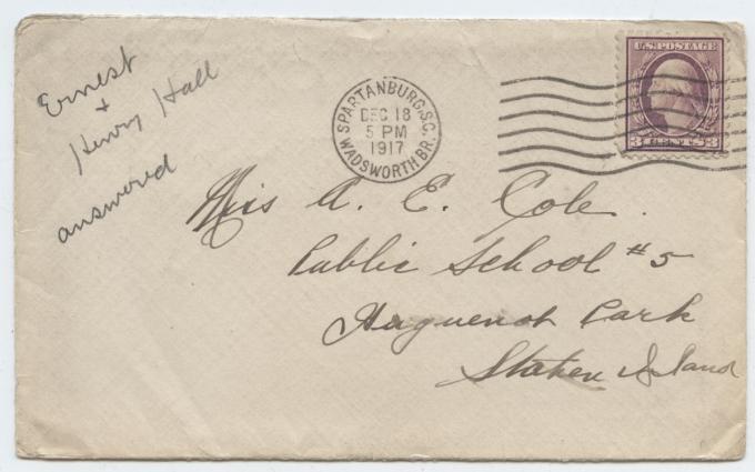 Envelope addressed to Miss A. E. Cole at PS #5, Huguenot Park, Staten Island. This envelope contained a letter from Ernest Feist of Battery E, 105th Field Artillery, US National Guard, and a sketch of the gun pits or trenches used by the French army at the front. The contents of this envelope were approved by the government’s censor. Collection of Historic Richmond Town. Envelope addressed to Miss A. E. Cole at PS #5, Huguenot Park, Staten Island. Th
