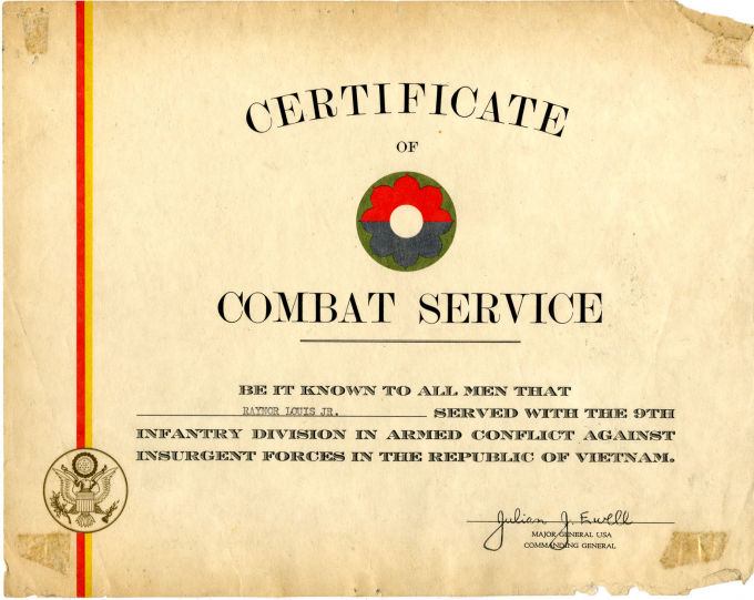 Certificate of Combat Service issued to Louis Raynor upon his honorable discharge, 1969. Certificate of Combat Service issued to Louis Raynor upon his honorable discharg
