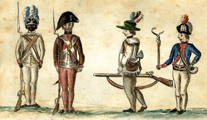 Soldiers at the siege of Yorktown, including an African American soldier of the 1st Rhode Island Regiment, by Jean-Baptiste-Antoine DeVerger, 1781. (Anne S. K. Brown Military Collection, Brown University)