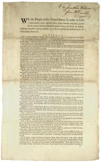 Constitution. Printed Dunlap & Claypoole edition inscribed to Jonathan Williams, September 17, 1787. (Gilder Lehrman Collection)