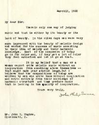 John P. Sousa to John W. Hughes, March 12, 1930. (Gilder Lehrman Collection)