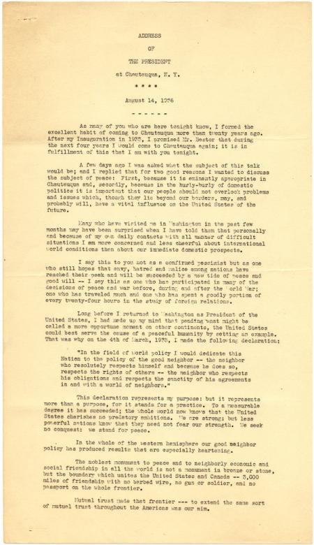 Franklin D. Roosevelt, Address at Chautauqua, NY, August 14, 1936. (GLC04599)