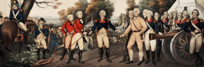 British General Burgoyne (center left) surrenders to General Hortatio Gates at Saratoga, NY, October 17, 1777, in this Currier and Ives print based on a painting by John Trumbull in the US Capitol (New York, 1852). (Gilder Lehrman Collection)