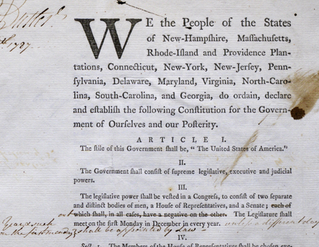 View of rare first printing of the Constitution with notes by Pierce Butler, focused on the preamble