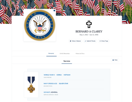 Screenshot of Military Profile of Veteran on VLM website