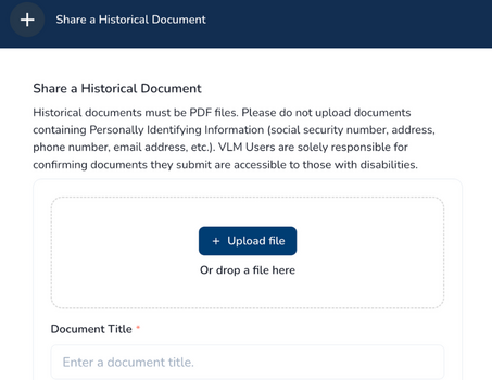 Screenshot of VLM website letting users upload historical documents