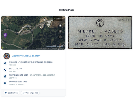 Screenshot of VLM website showing cemetery information for veteran