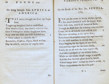 Scan of a page from Phillis Wheatley's book of poems, 1773. 