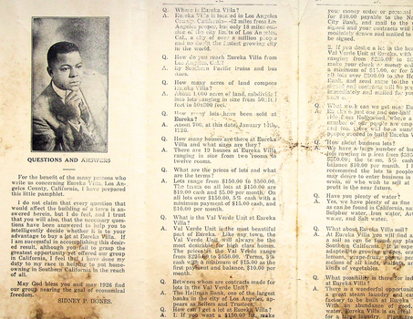 A yellowed four-fold pamphlet featuring the photograph (at top left) of Stanley Dones, a Black man wearing a dark jacket, white shirt, and dark tie, placing his right hand upon his chin.