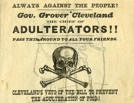 A pamphlet opposing Grover Cleveland's bid for President based on his veto of an anti-food adulteration bill while he was Governor of New York.