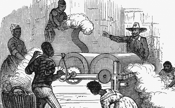 Sketch depicting enslaved individuals working on a cotton gin