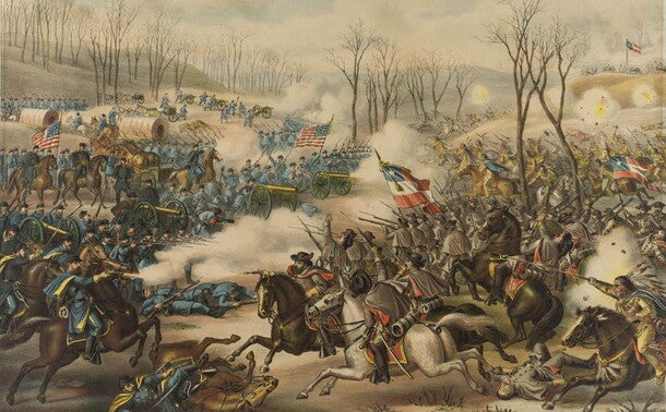 A painting of the Battle of Pea Ridge depicting a charging column of mixed Confederate calvary and infantry on the right side of the image. Most of the Confederate calvary are American Indians dressed in traditional garb, feather headdresses, and spears. Lower right foreground has a particularly detailed rendering of an Indian. Union lines are held by a mixture of infantry and artillerymen. Several Federal calvaryman are situated in the lower left foreground. Only two men lay wounded or killed, one on 
