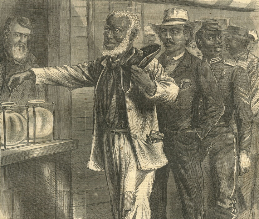 Image from illustrated 19th-century magazine showing line of Black men casting their vote