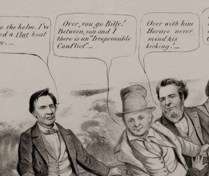 1850s Political Cartoon showing political figures with speech bubbles