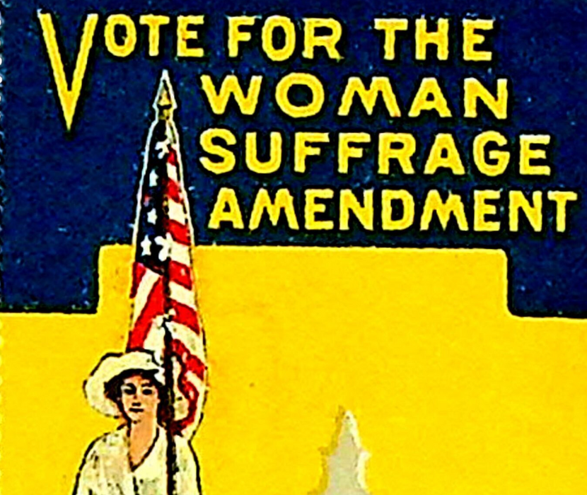 Stamp with a message to "Vote for the Woman Suffrage Amendment" and a figure of a woman in white holding the US flag