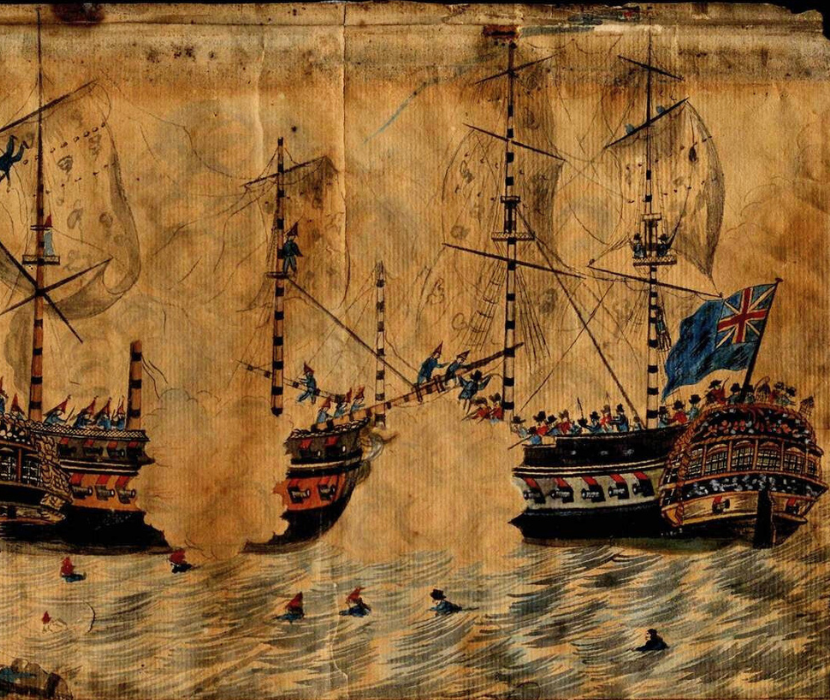 Watercolor depicting Naval Engagement between warships