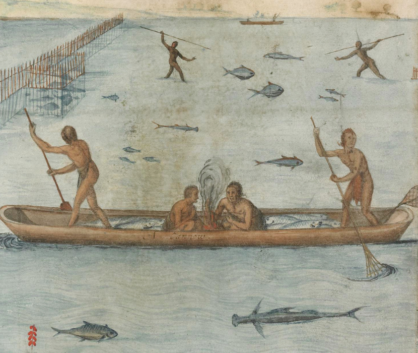 Watercolor depicting Native American fishing practices