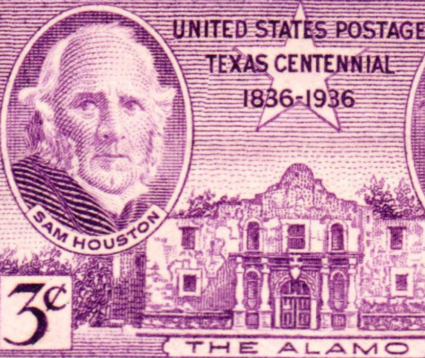 Detail from 1936 stamp made to commemorate Texas Centennial with portrait of Sam Houston and view of Alamo fortress