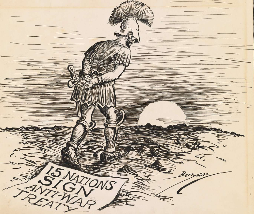 Political cartoon showing Roman soldier walking towards horizon with piece of paper on the ground saying "15 Nations Sign Anti-War Treaty"