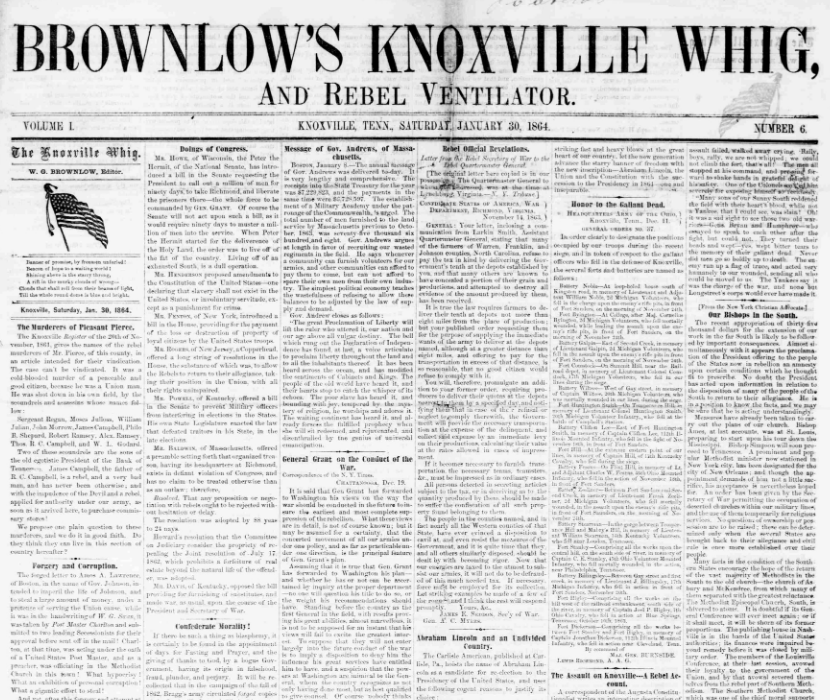 View of newspaper called Brownlow's Knowxville Whig and Rebel Ventilator from 1864