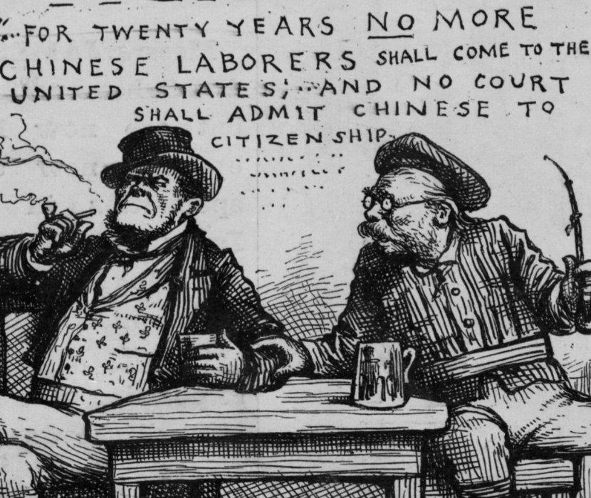 Political cartoon depicting dehumanized caricature of two Irishmen discussing the Chinese Exclusion Act