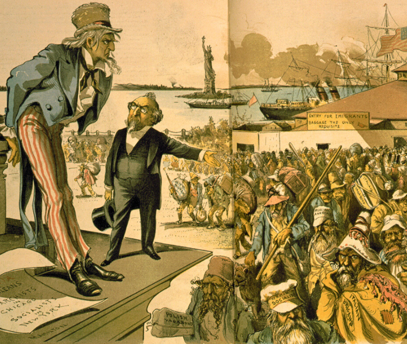 Political cartoon showing man in top hat with Uncle Sam gesturing out at throngs of immigrants and Ellis Island in the background
