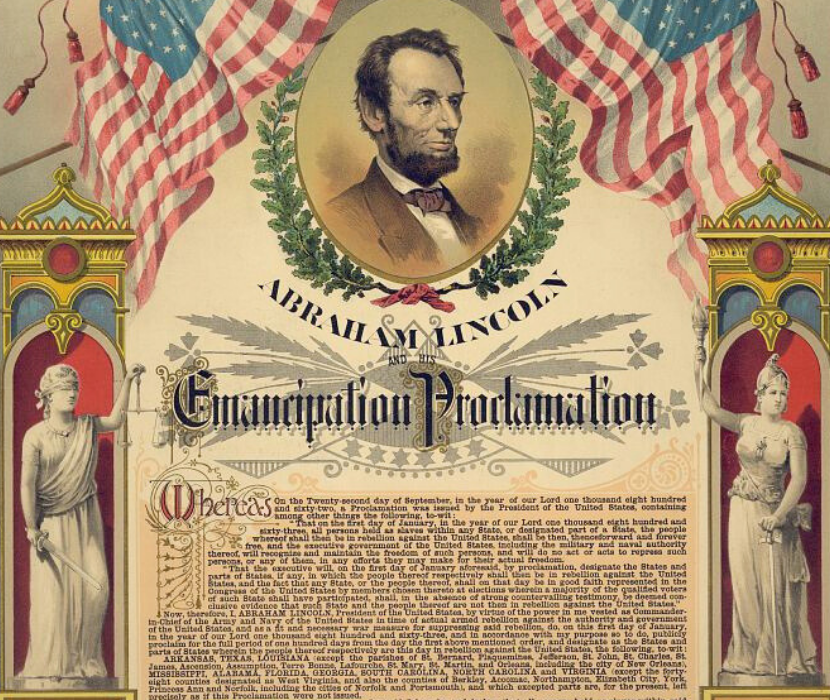Decorative copy of the Emancipation Proclamation from 1888, featuring portrait of Lincoln above text of the proclamation