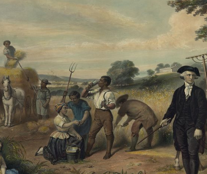 19th-century illustration of enslaved people working field at Mt. Vernon