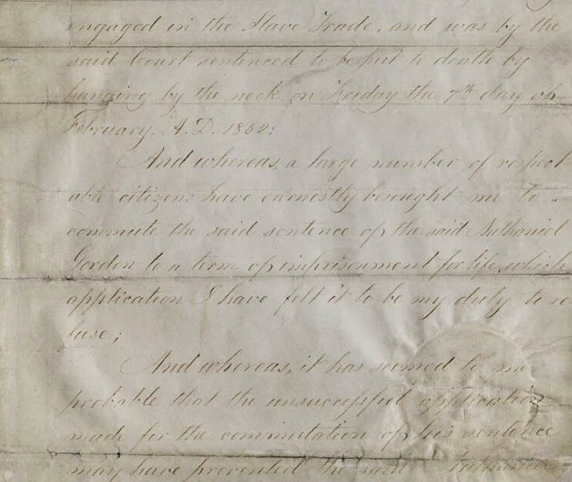 Detail of letter where Abraham Lincoln declines to grant clemency to a convicted slave trader