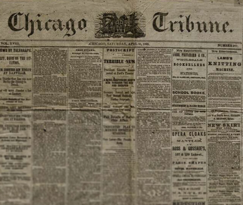View of front page of Chicago Tribune from April 15, 1865