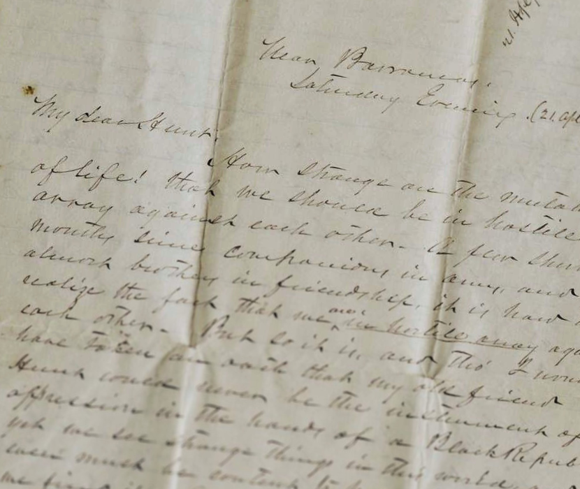 Detail of handwritten letter with focus on opening text "My Dear Hunt"