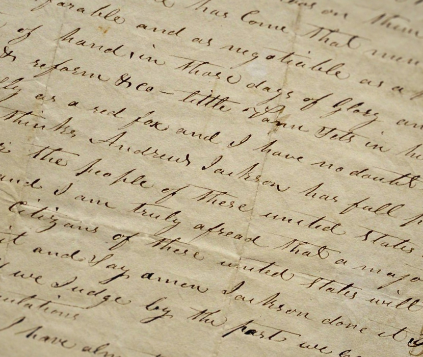 Close up of David Crockett's handwritten letter from 1834 with the name "Andrew Jackson" prominently featured