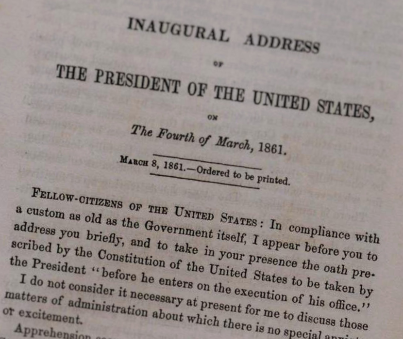 View of printed version of Abraham Lincoln's inaugural address with focus on introductory text "Fellow citizens of the United States"