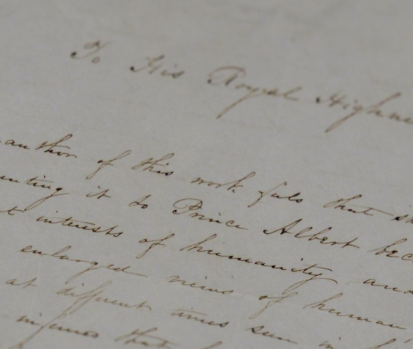Detail from handwritten letter from Harriet Beecher Stow to Prince Albert with focus on text "interests of humanity"