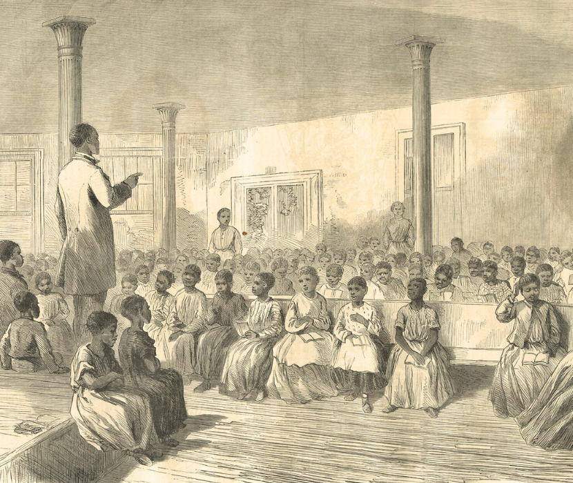 Illustration showing classroom in school for black children.