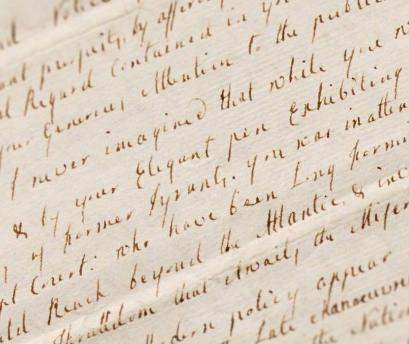 Detail of handwritten 1774 letter from Mercy Warren to Catharine Macaulay