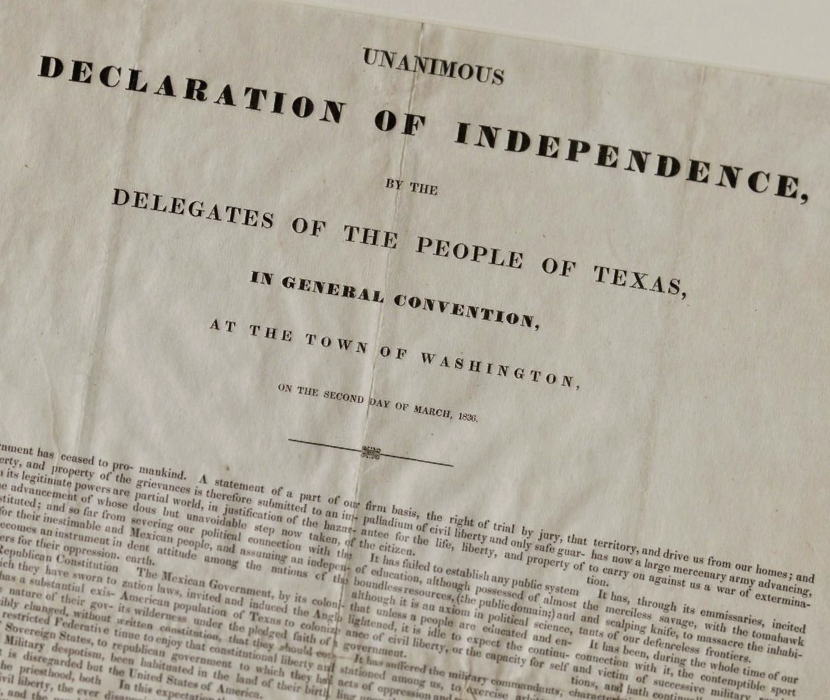 View of the published "Unanimous Declaration of Independence of . . . Texas" with the title prominently featured.
