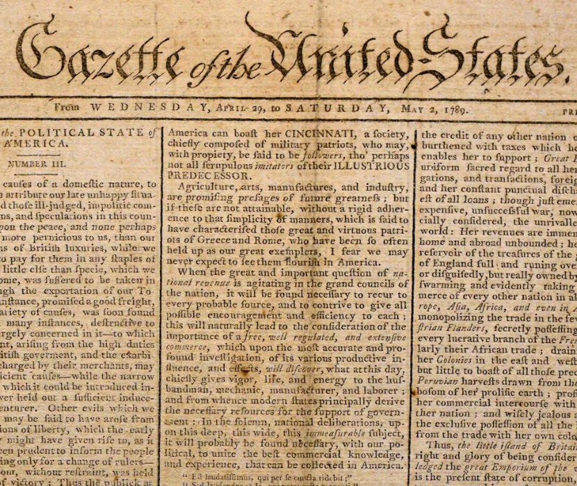Detail from George Washington's First Inaugural Address as published in the Gazette of the United States, May 2, 1789